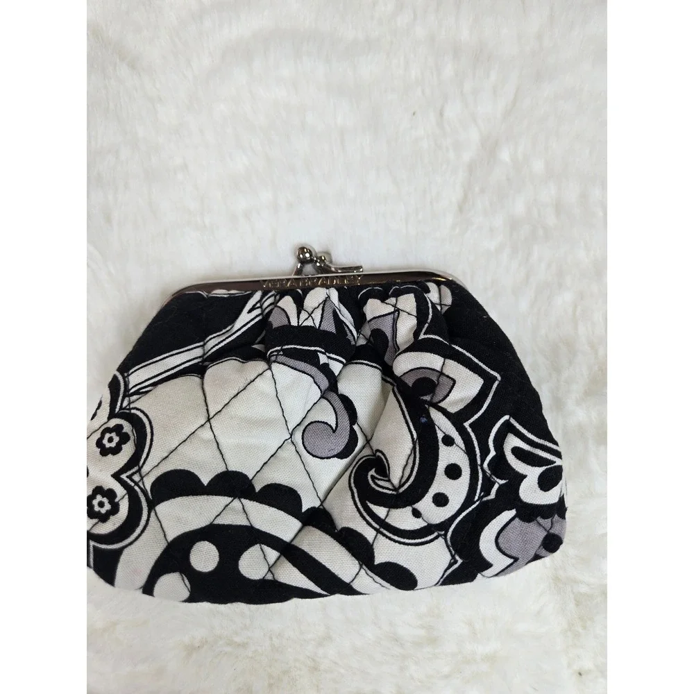 Vera Bradley Night and Day Quilted Kisslock Coin Purse Black White Floral Pouch - Picture 3 of 9